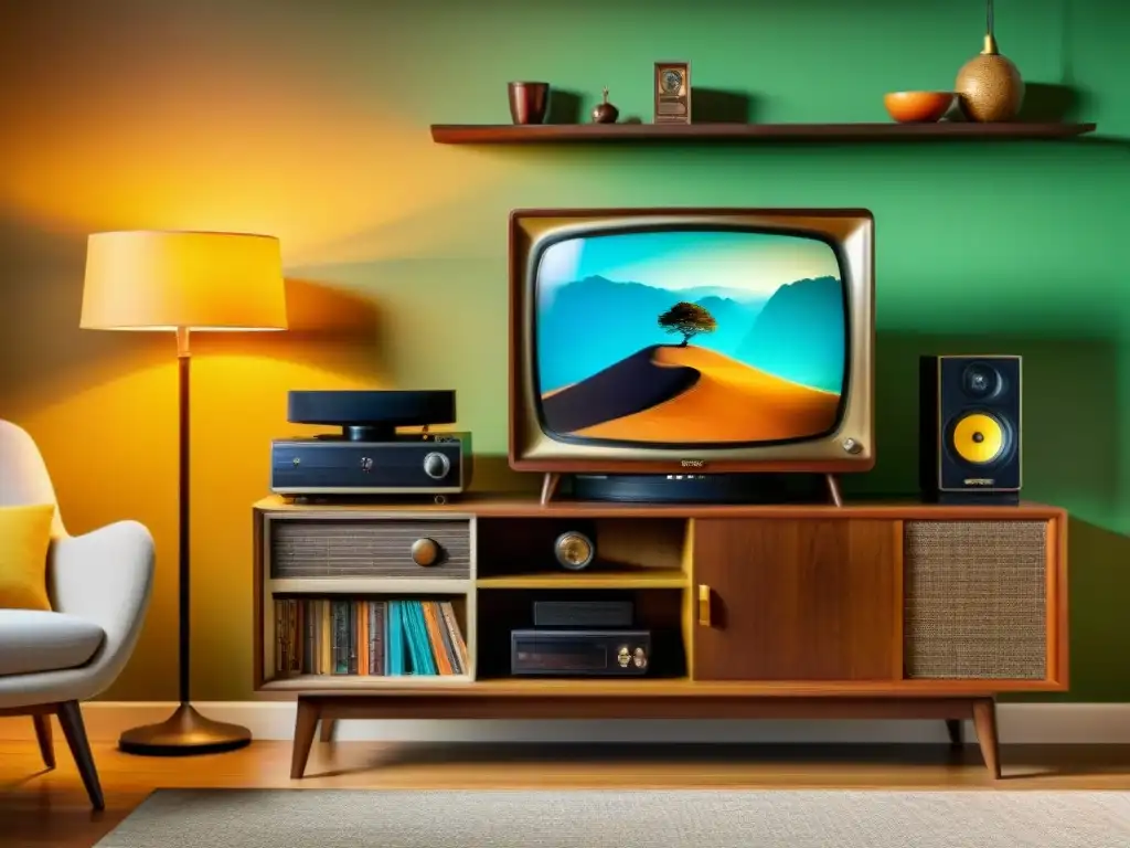 Acogedora sala vintage con mueble de TV clásico y Smart TV retro, rodeada de vinilos y decoración antigua