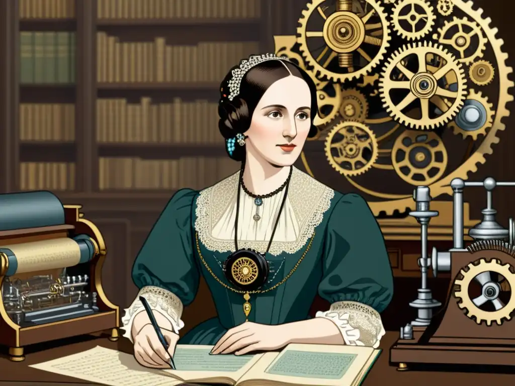 Ada Lovelace programando la Analytical Engine: ilustración detallada en 8k Ada Lovelace concentrada en programación, rodeada de engranajes y maquinaria vintage, reflejando su espíritu pionero