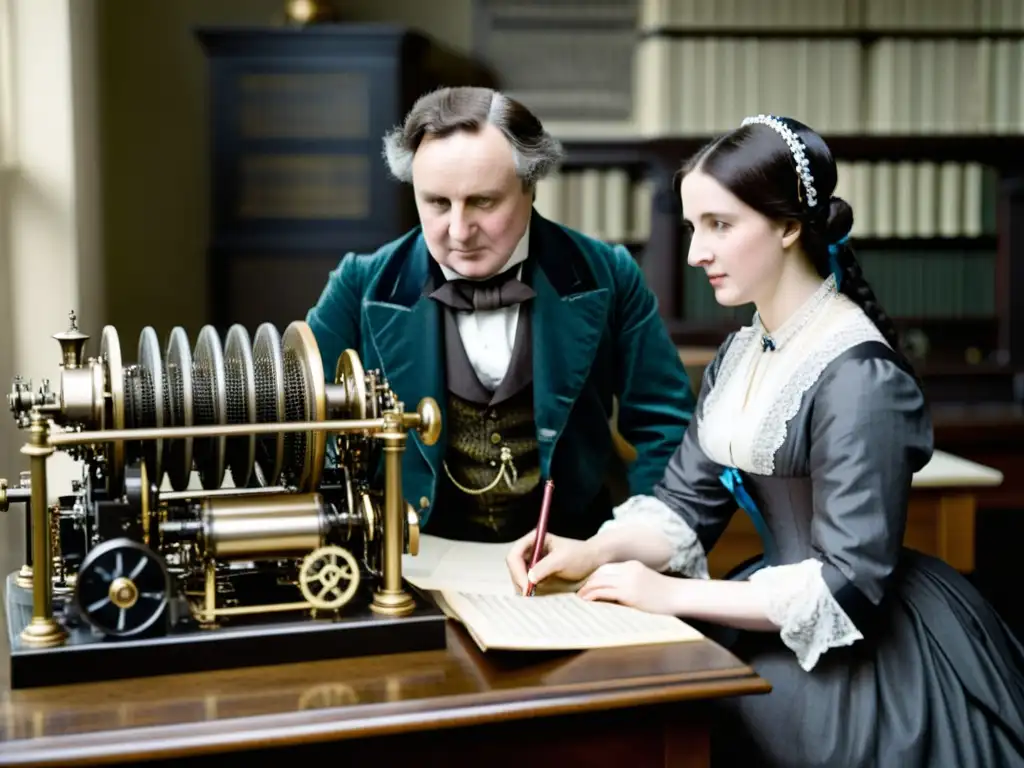 Ada Lovelace y Charles Babbage trabajando juntos en la Máquina Analítica, origen de las primeras computadoras