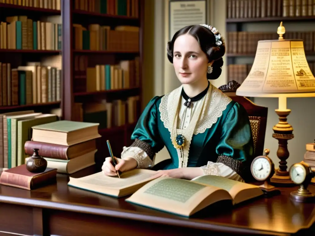 Ada Lovelace: Pionera del Cálculo Ada Lovelace concentrada en cálculos matemáticos, rodeada de libros y papeles en un ambiente vintage