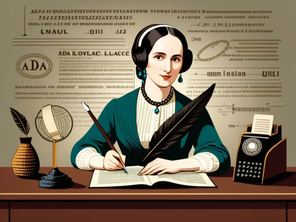 Ada Lovelace: Pionera de la programación en 8k Ada Lovelace trabajando en su escritorio rodeada de ecuaciones matemáticas y código informático, con expresión determinada