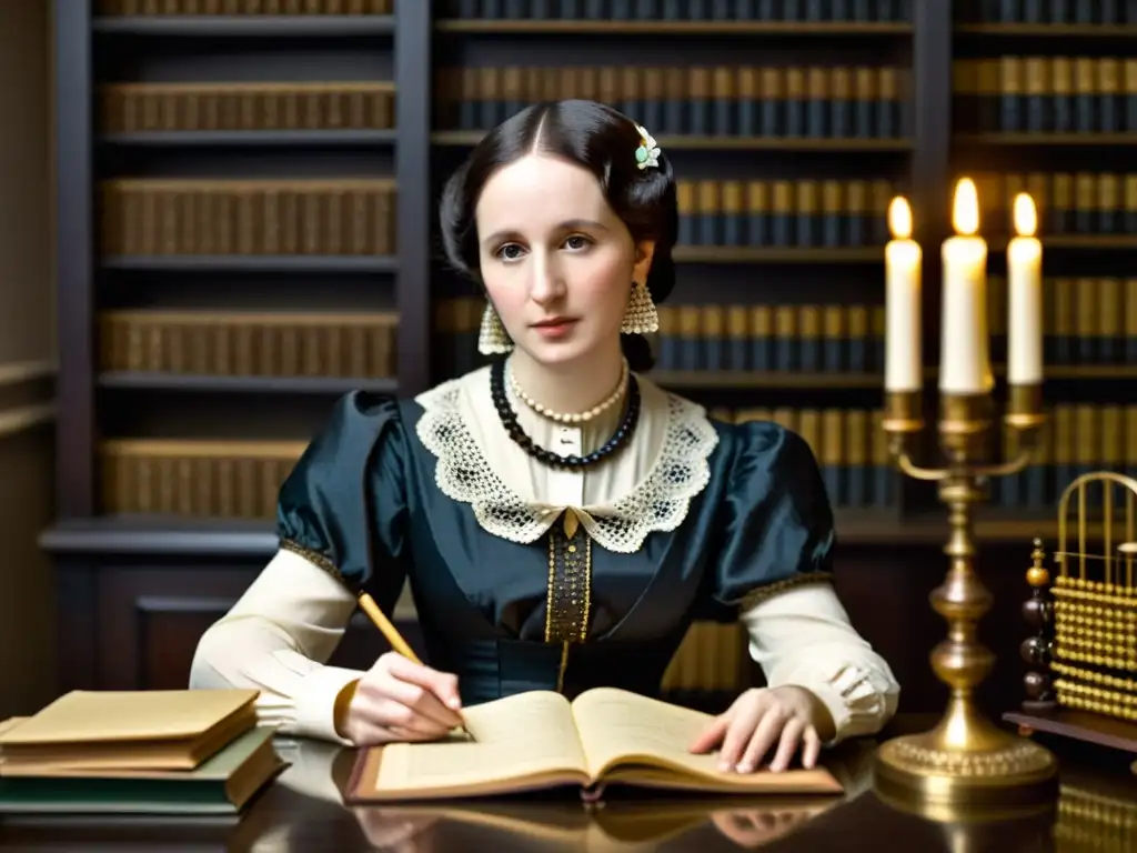 Ada Lovelace: Pionera en la sombra Ada Lovelace inmersa en escritura en estudio histórico, iluminado por vela