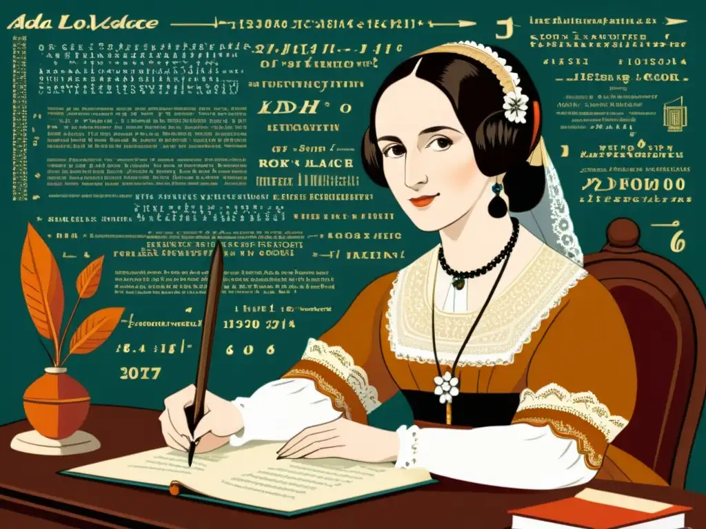 Ada Lovelace: Pionera de la programación en ilustración vintage Ada Lovelace inmersa en fórmulas matemáticas y código, vestida con traje victoriano y escribiendo con pluma en un entorno vintage y cálido