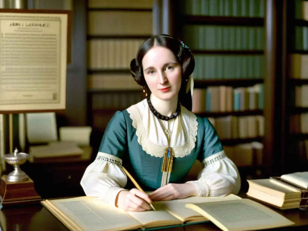 Ada Lovelace, pionera informática, reflexiona en su escritorio, rodeada de cálculos y notas