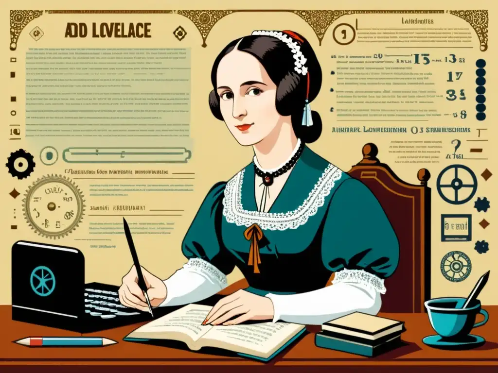 Ada Lovelace: Pionera de la programación en una ilustración vintage Ada Lovelace, pionera de la programación, rodeada de fórmulas matemáticas y símbolos informáticos, escribiendo con pluma en un entorno vintage sepia