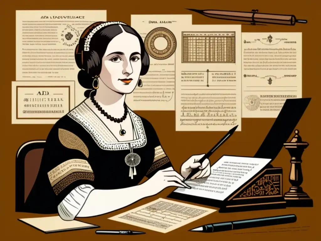 Ada Lovelace, pionera de la programación, contemplativa en su escritorio rodeada de ecuaciones y diseños computacionales