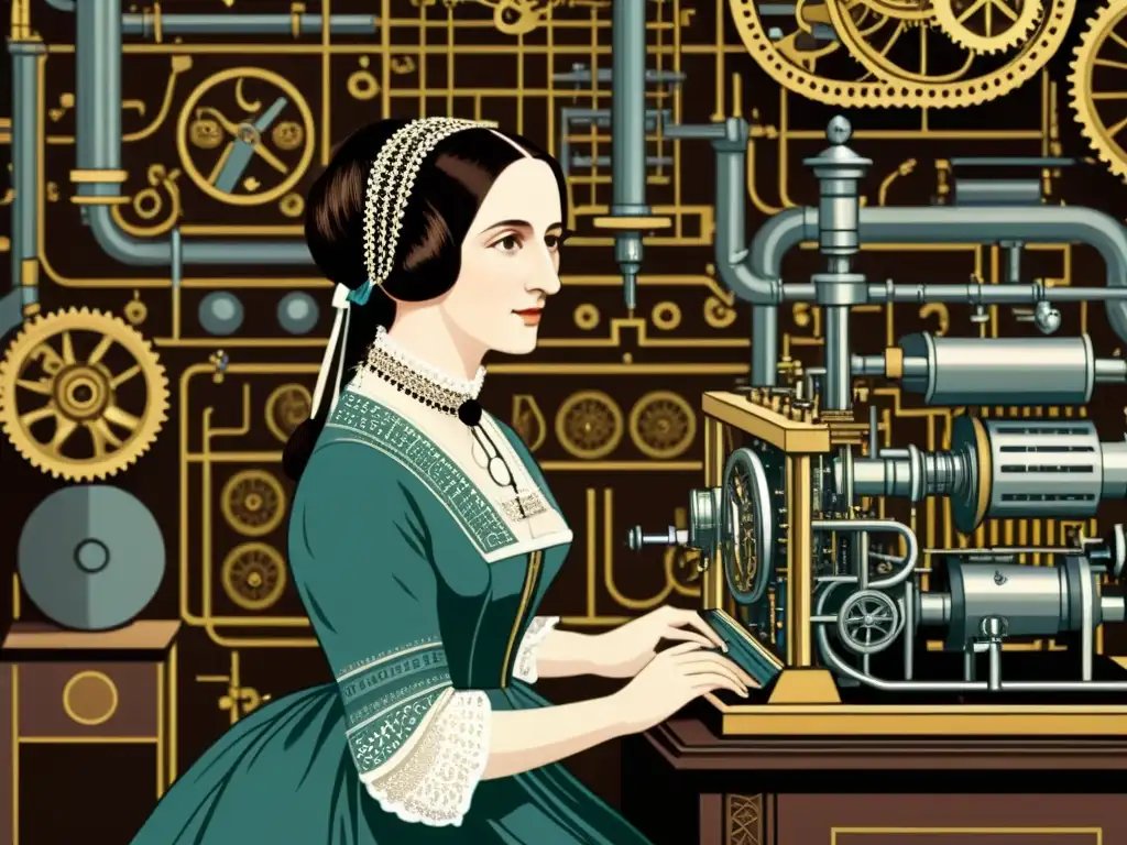 Ada Lovelace en su vestido victoriano, escribiendo el primer programa informático rodeada de maquinaria e intrincadas fórmulas matemáticas