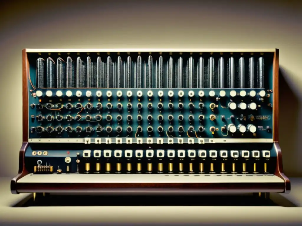 Una fotografía vintage en alta resolución del computador ENIAC, mostrando su escala y complejidad