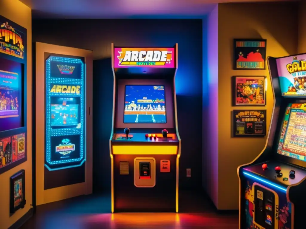 Un ambiente nostálgico de arcade vintage con personas reunidas alrededor de un gabinete iluminado por gráficos pixelados vibrantes