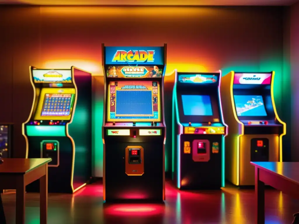 Un ambiente nostálgico y emocionante: diversidad de personas juegan con pasión en una sala iluminada por una máquina arcade vintage