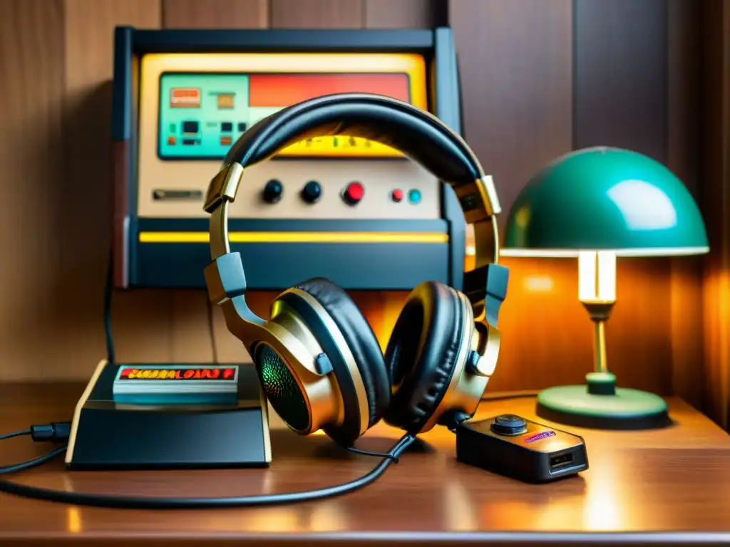 Un ambiente nostálgico de gaming con los mejores sistemas de audio gaming en un headset vintage, rodeado de cartuchos y posters retro