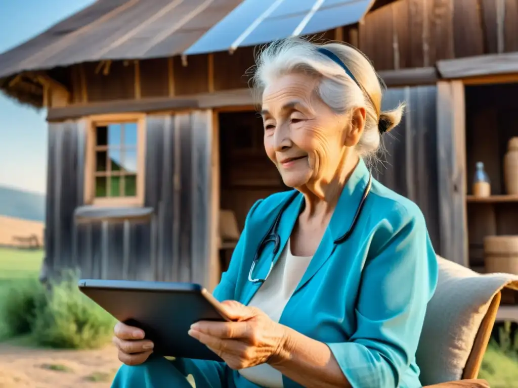 Una anciana en un remoto pueblo usando tecnología para mejorar salud remota, mientras se conecta con un médico virtual en su tableta frente a su casa de madera