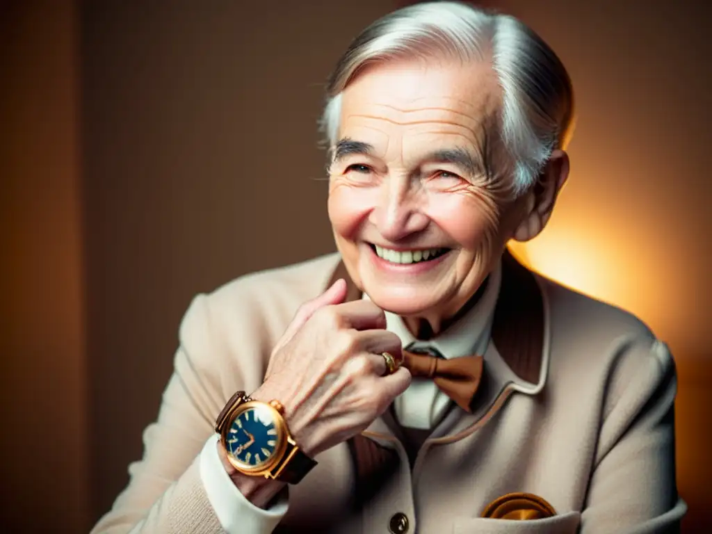 Un anciano sonriente usando un reloj de bolsillo vintage