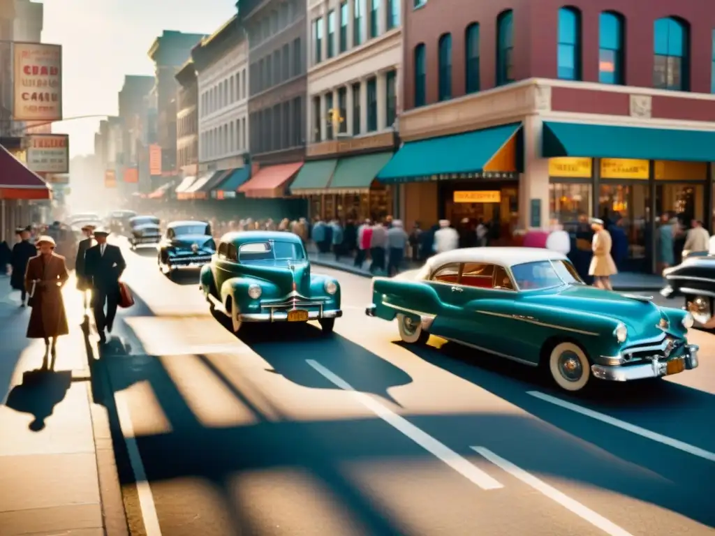 Una animada calle de la ciudad en los años 50, llena de coches clásicos y peatones