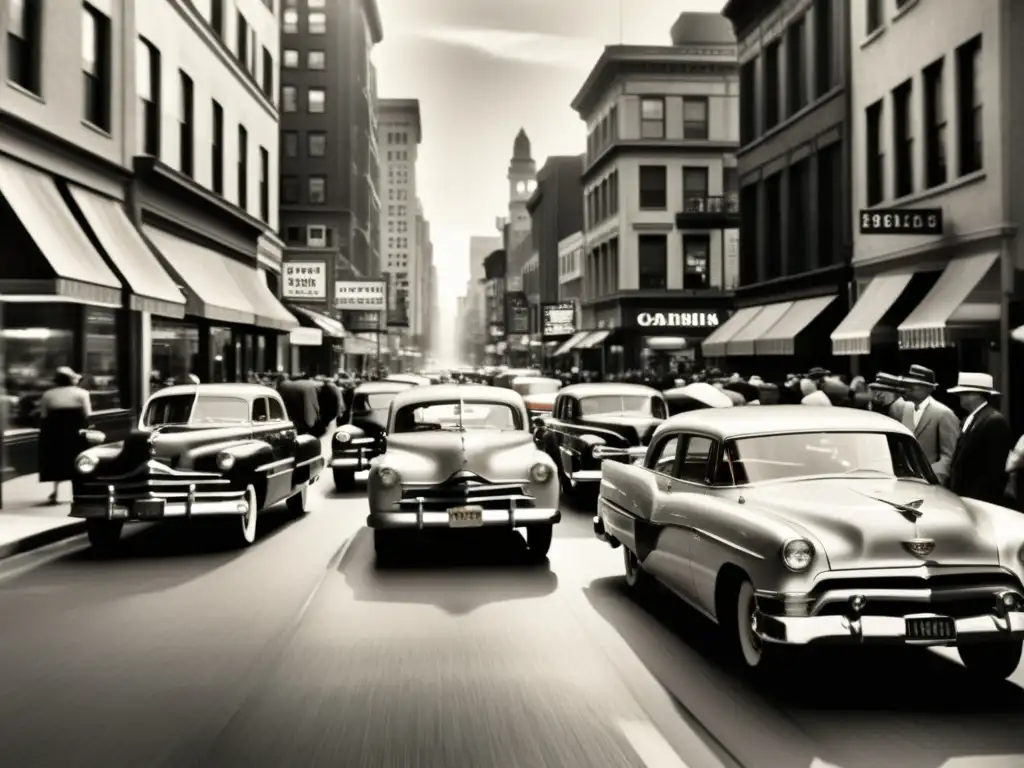 Una animada calle de la ciudad en los años 50, con autos antiguos y gente vestida a la moda de la época