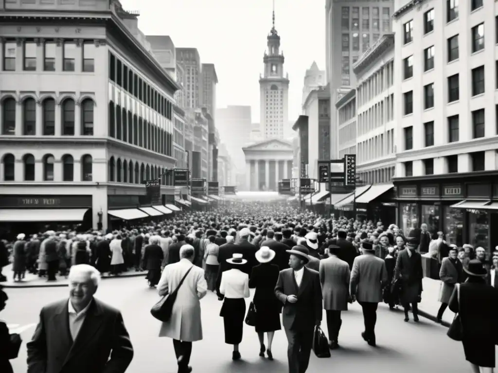 Una animada calle urbana en blanco y negro con gente de todas las edades y estilos