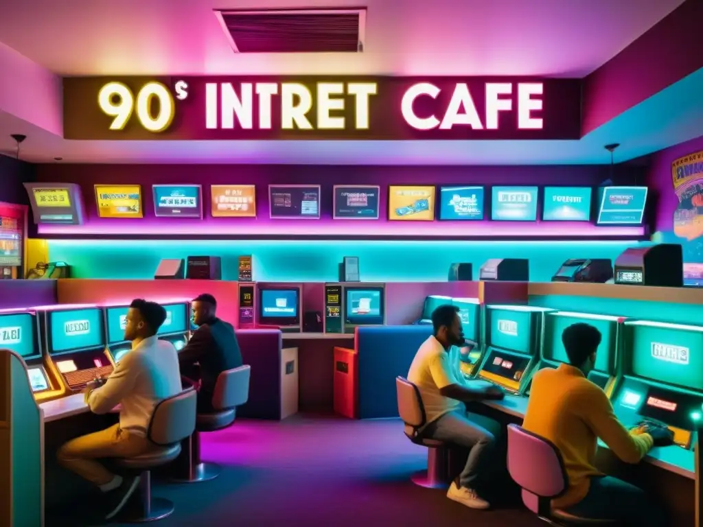 Un animado cibercafé de los 90, lleno de gente disfrutando de computadoras retro y el ambiente vintage