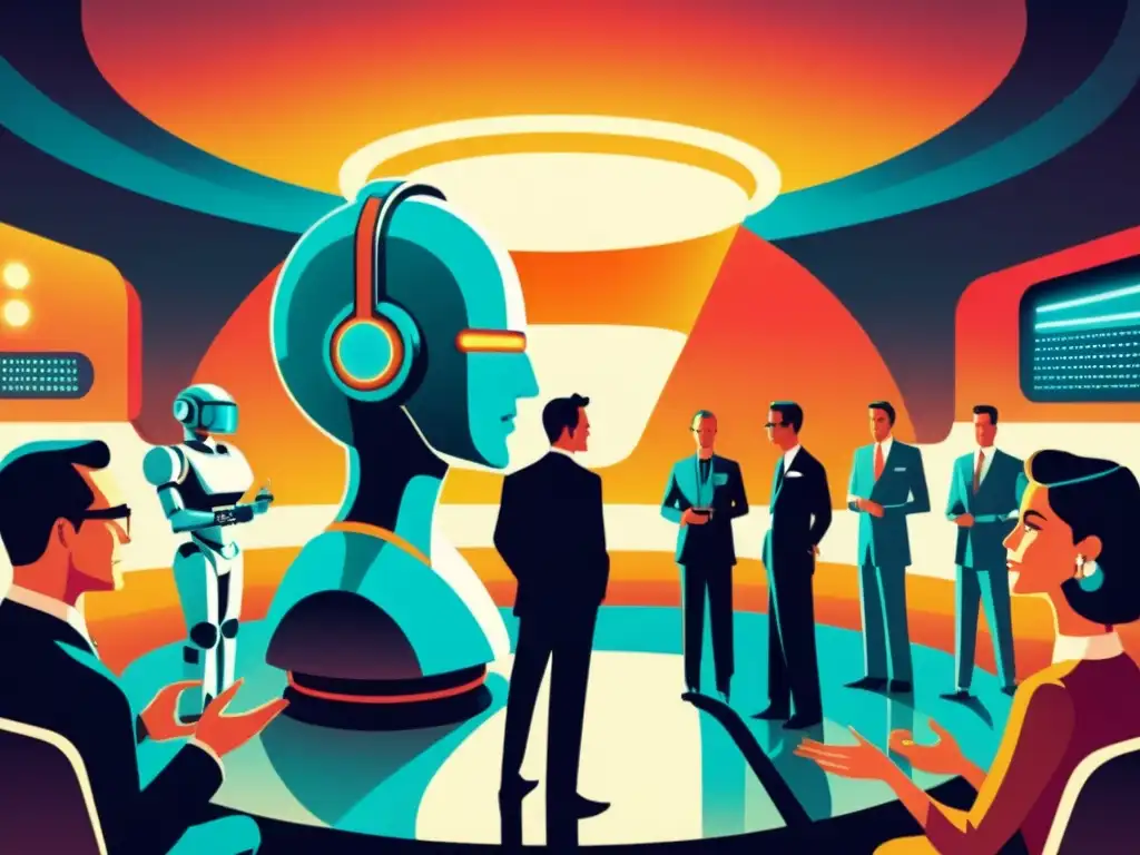 Debate ético en la era futurista Un animado debate sobre inteligencia artificial en un entorno retrofuturista