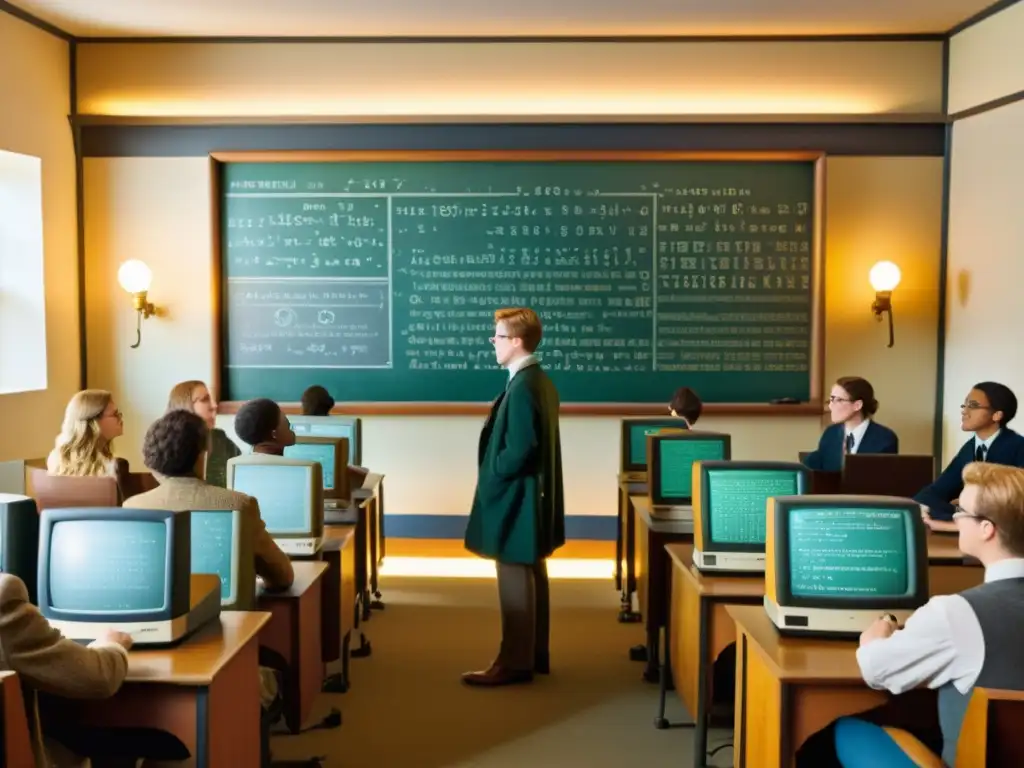 Antigua aula con estudiantes aprendiendo sobre algoritmos de aprendizaje automático en un ambiente histórico y curioso