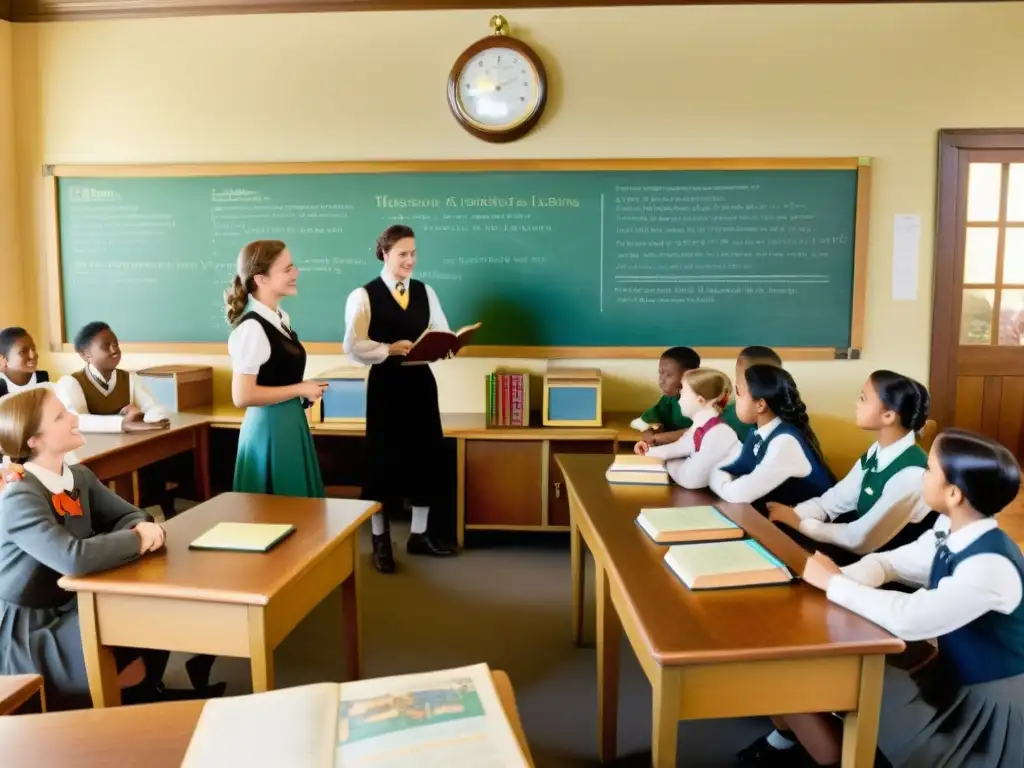 Antigua aula con estudiantes colaborando, usando tecnología educativa temprana y socializando