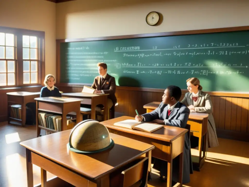 Antigua aula con muebles de madera, pizarrón con ecuaciones, estudiantes y un robot vintage, iluminada por el sol