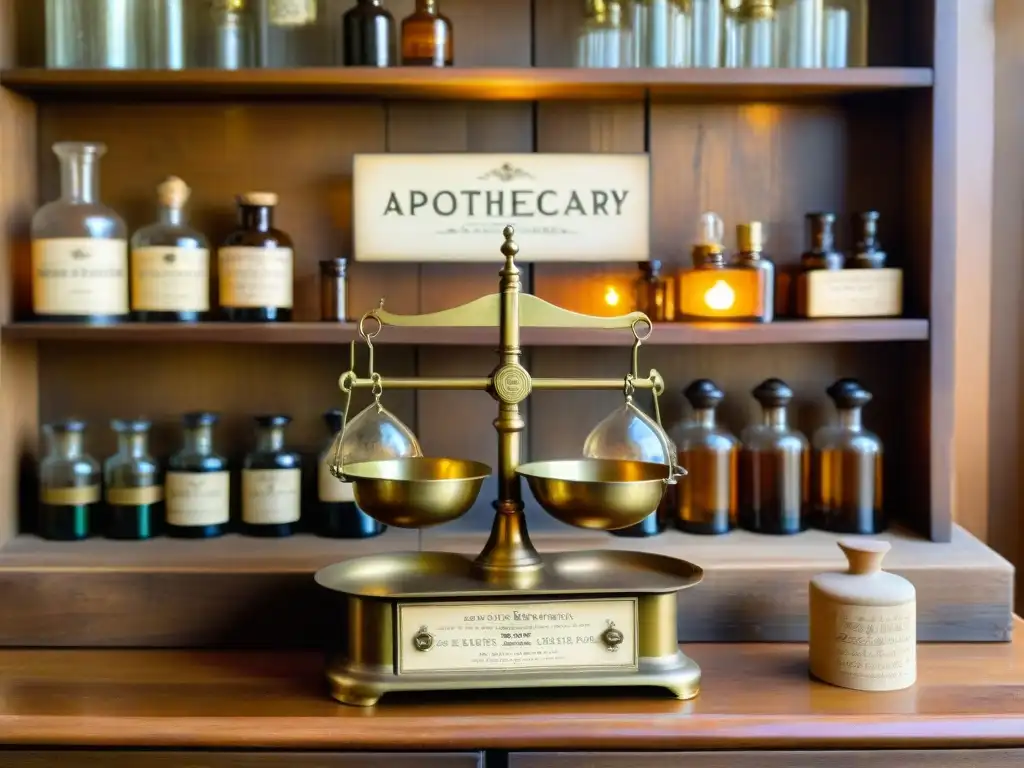 Antigua báscula de farmacia con detalles de latón y delicadas bandejas de equilibrio, en estanterías de madera con botellas y frascos de vidrio