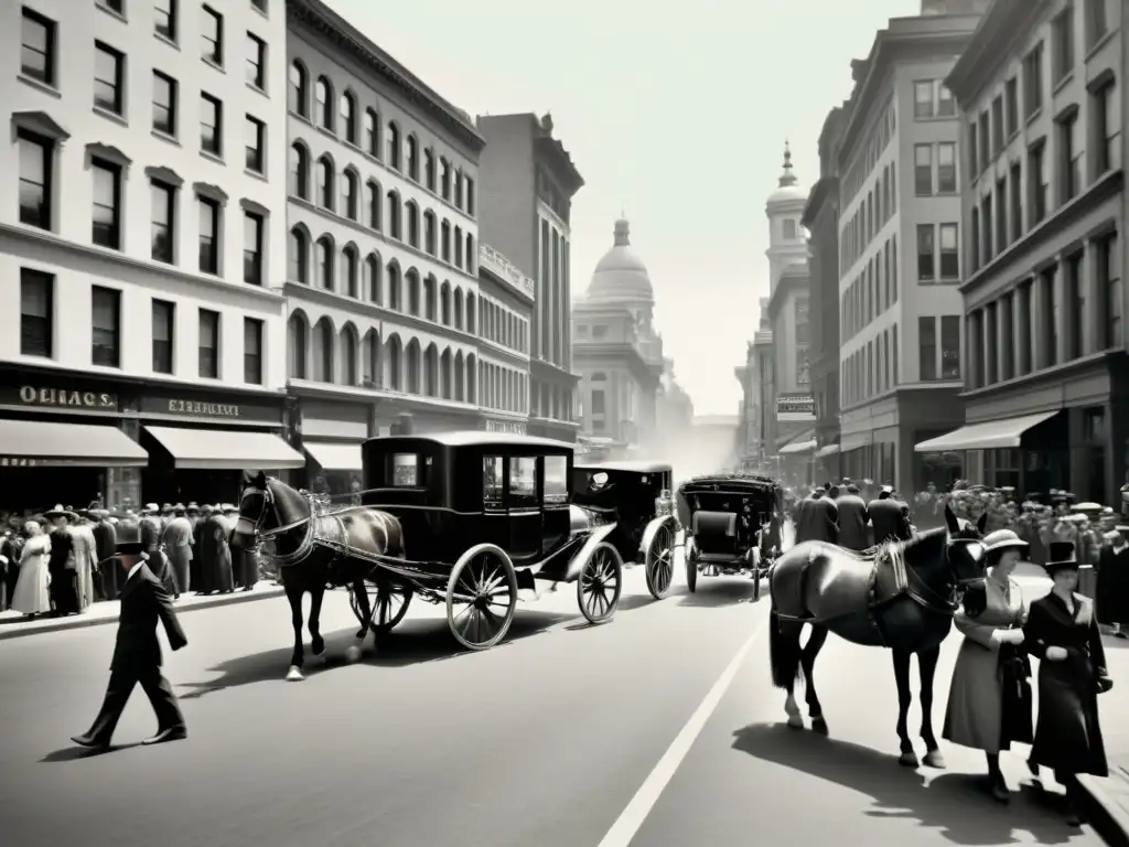 Antigua fotografía en blanco y negro de una concurrida calle de la ciudad del siglo XX, con carruajes de caballos y personas con atuendos antiguos