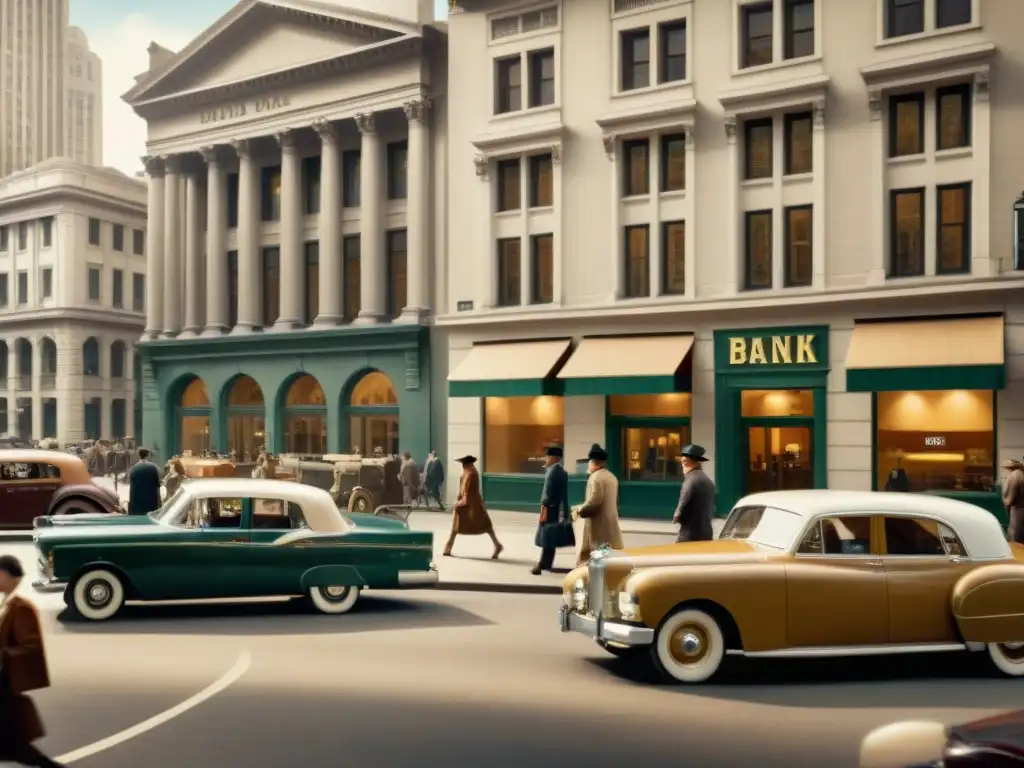 Una antigua fotografía de una bulliciosa calle de la ciudad con edificios bancarios de época, personas y autos vintage