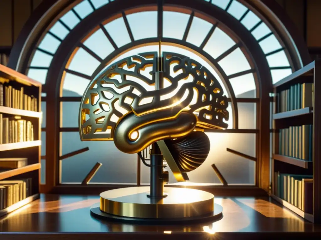 Antigua ilustración de un cerebro mecánico rodeado de instrumentos científicos vintage y libros, en un estudio iluminado por el sol