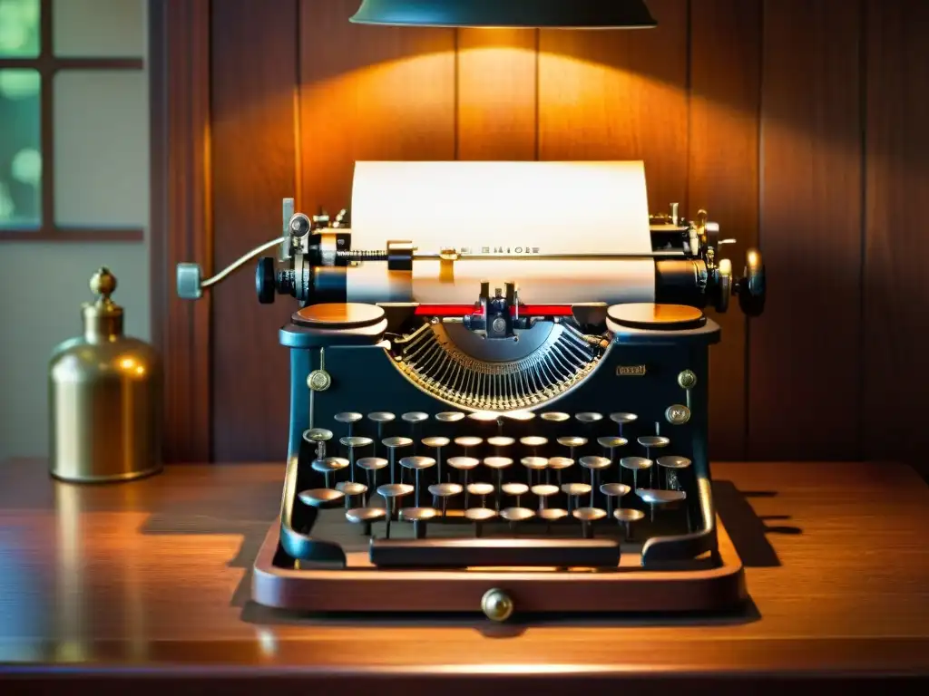 Una antigua máquina de escribir en un escritorio de madera, iluminada por una cálida lámpara de escritorio