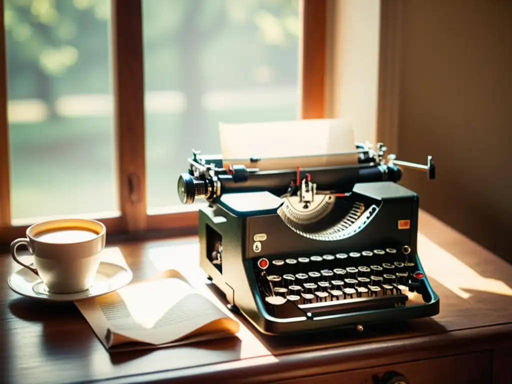 Una antigua máquina de escribir sobre un escritorio de madera, rodeada de hojas de papel, una taza de café humeante y gafas retro