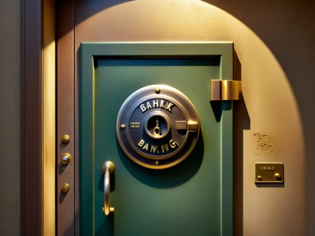 Una antigua puerta de bóveda bancaria desgastada, con un candado vintage, bañada en cálida luz solar filtrada a través de ventanas polvorientas