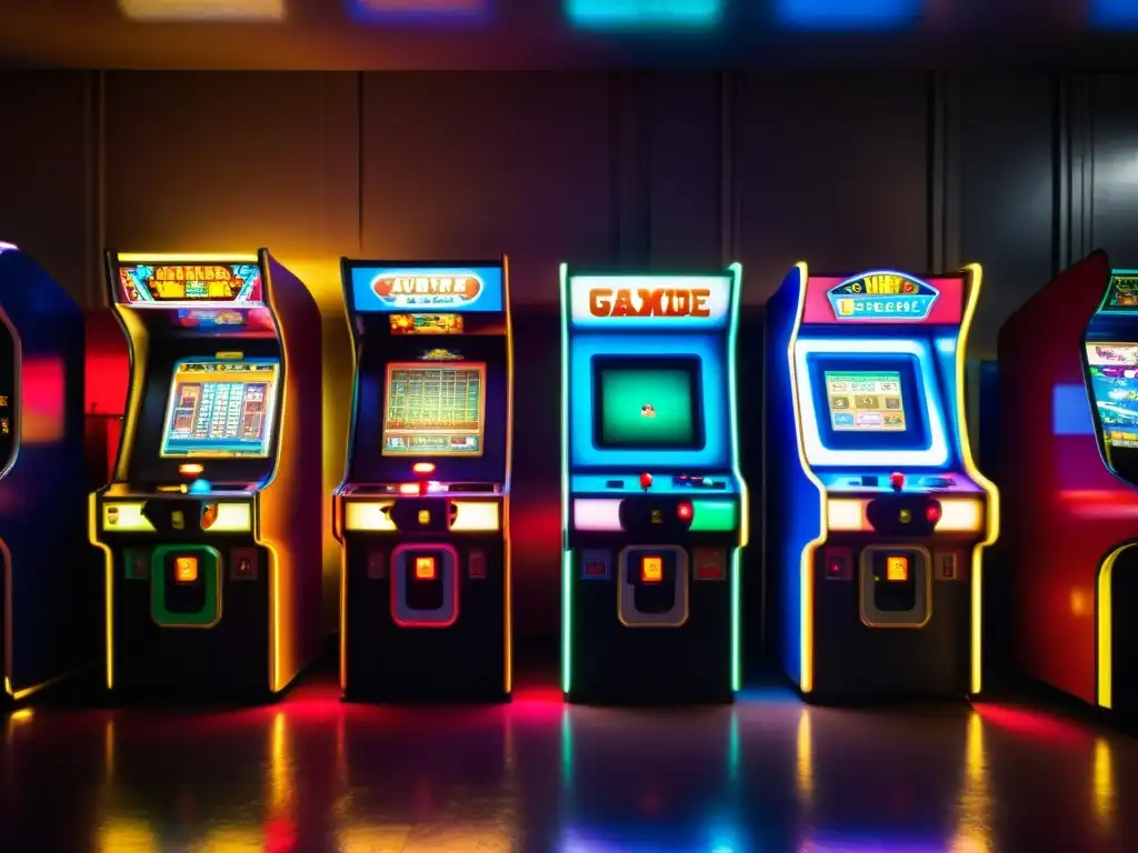 Antigua sala de juegos iluminada por pantallas, reflejando la revolución tecnológica en la industria del gaming con un encanto nostálgico y vanguardia