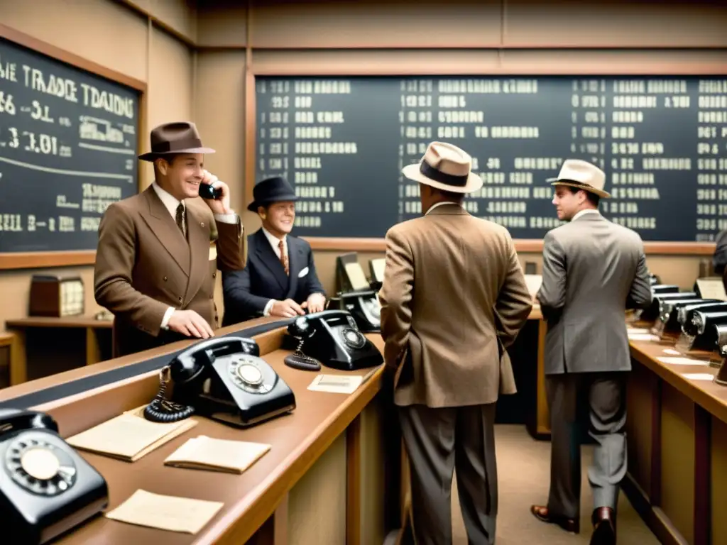 Antigua sala de operaciones con traders en actividad, teléfonos antiguos y máquinas de ticker tape