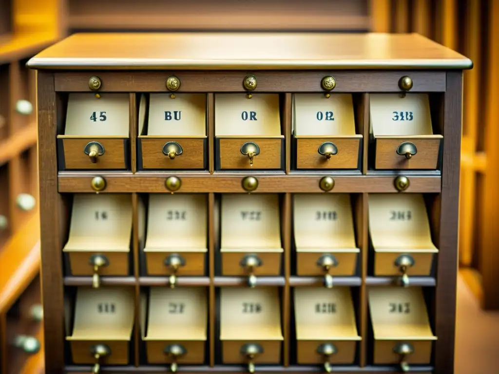 Un antiguo catálogo de tarjetas de una biblioteca, con cajones de madera desgastados y tiradores de latón