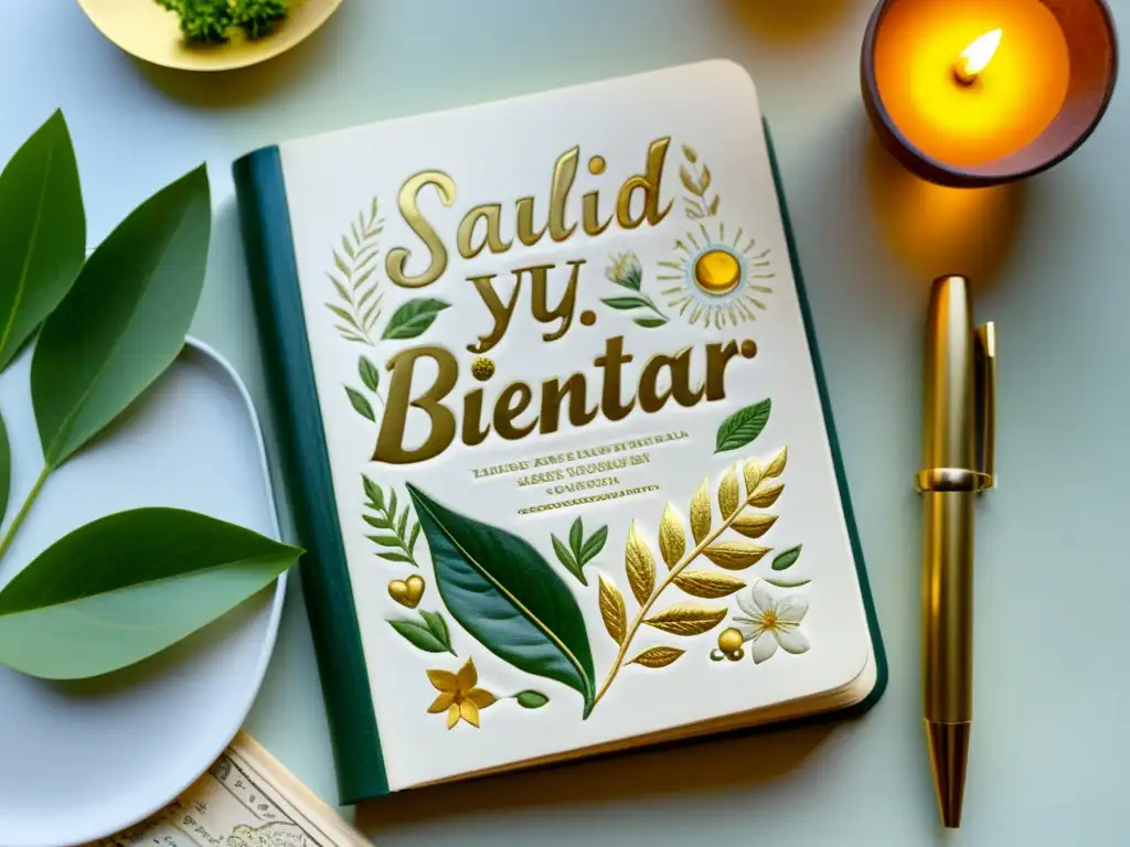 Antiguo diario de cuero con ilustraciones de aplicaciones móviles salud bienestar, rodeado de delicados dibujos botánicos en acuarela