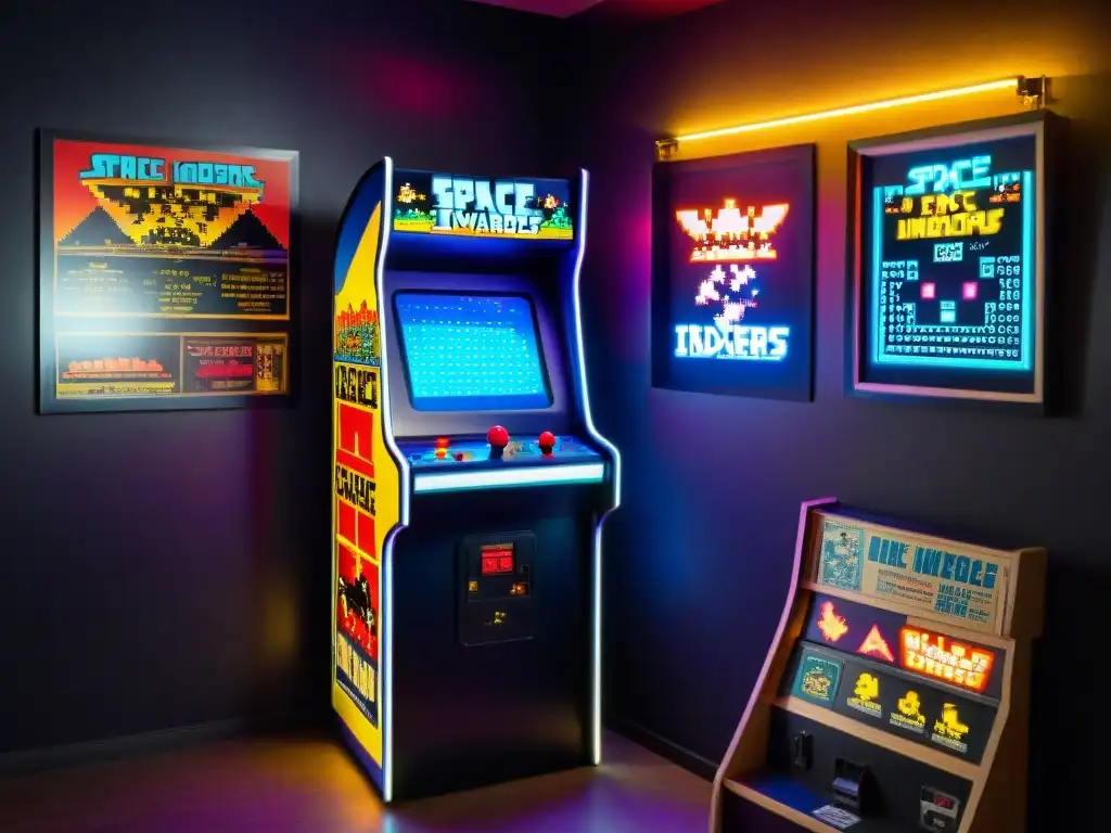 Antiguo gabinete de arcade con 'Space Invaders' en pantalla, rodeado de una habitación con luces de neón y pósters retro