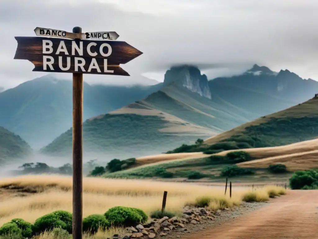 Un antiguo letrero de madera se alza en un paisaje remoto y desolado, con la inscripción 'Banco Rural' apenas visible