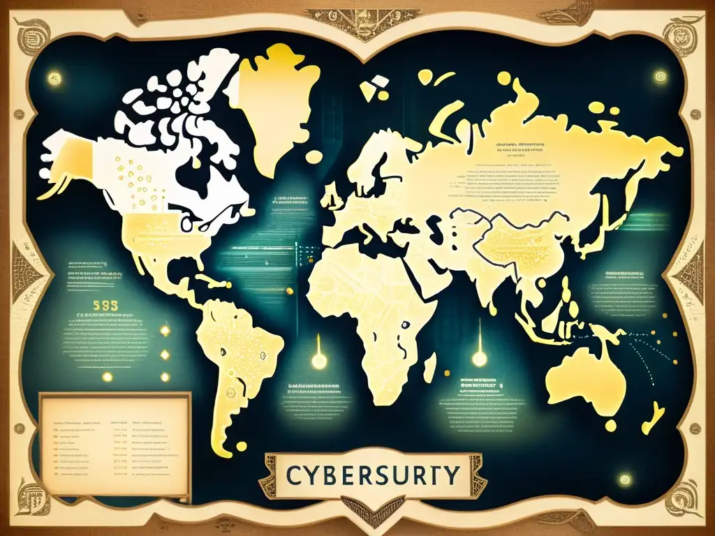 Un antiguo mapa de ciberespacio detallado con patrones de circuitos y terminales de computadora