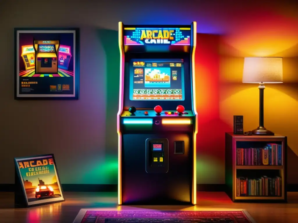 Antiguo mueble de arcade con juegos pixelados, joystick iluminado y posters nostálgicos, evocando la evolución tecnología entretenimiento digital