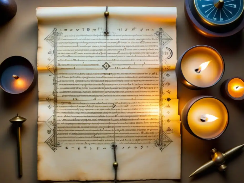 Antiguo pergamino con símbolos criptográficos, rodeado de herramientas vintage, iluminado por una vela