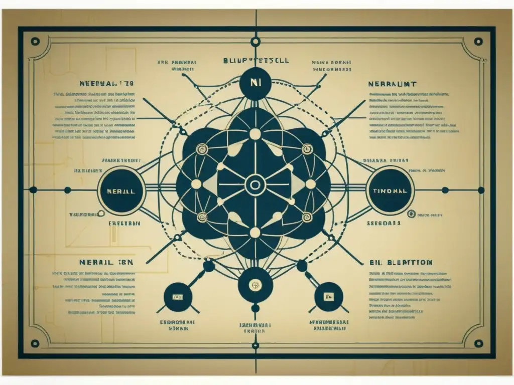 Antiguo plano de evolución de arquitecturas de redes neuronales, detallado y artístico en tonos sepia