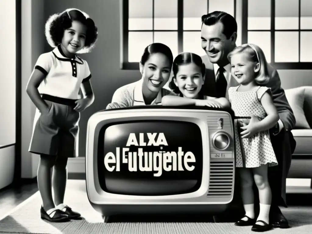 Anuncio en blanco y negro con una familia sonriente alrededor de una radio, destacando 'Alexa: el futuro del hogar inteligente'