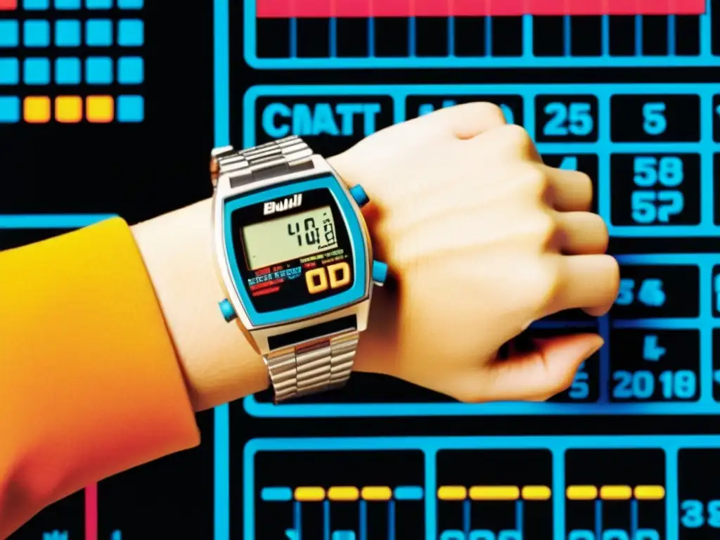 Anuncio vintage de los 80 con reloj calculadora y estética retro-futurista, reflejando la historia evolución wearables