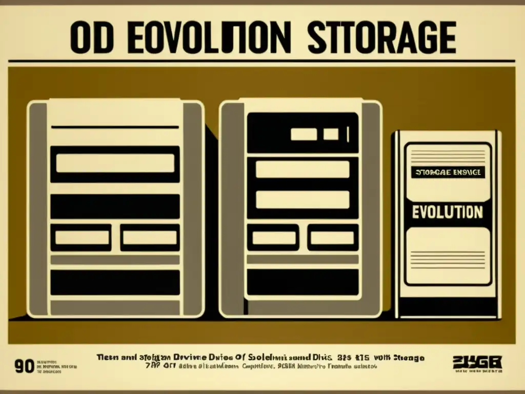 Anuncio vintage de evolución capacidad almacenamiento digital desde disquetes hasta SSD, en tonos sepia evocando nostalgia y progreso tecnológico