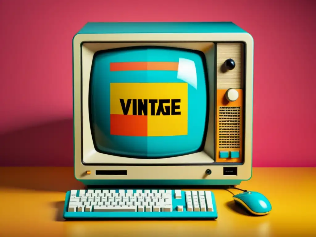 Anuncio vintage de computadora de escritorio con pantalla colorida y gráficos retro, evocando impacto y evolución en computadoras y marketing