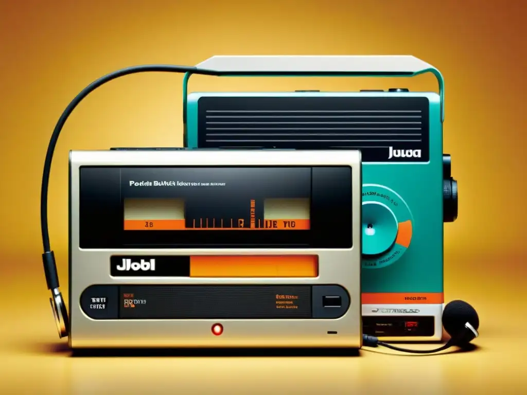 Anuncio vintage muestra evolución de dispositivos de música portátil, de Walkman a iPod, evocando nostalgia y progreso tecnológico