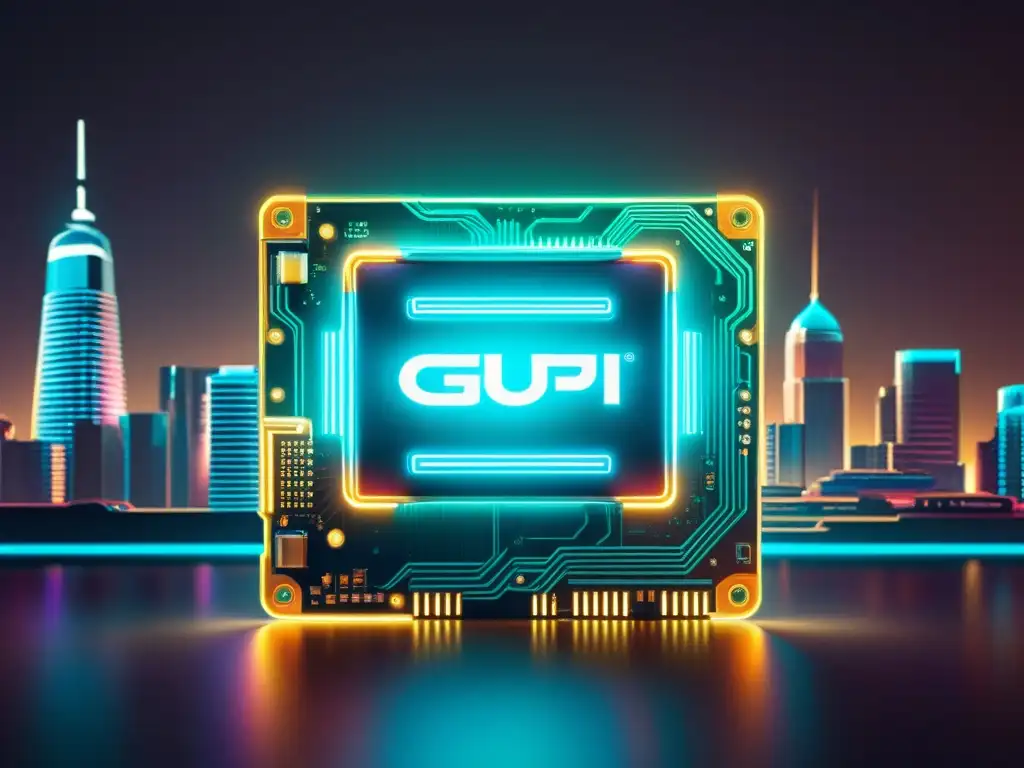 Anuncio vintage de GPU en ciudad futurista con luces de neón y autos voladores, evocando la evolución de los GPUs en computación