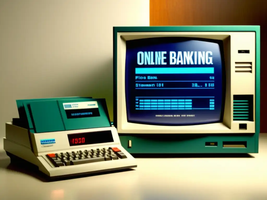 Anuncio vintage de servicios financieros en línea con computadora de los 90, pantalla pixelada y estética retro