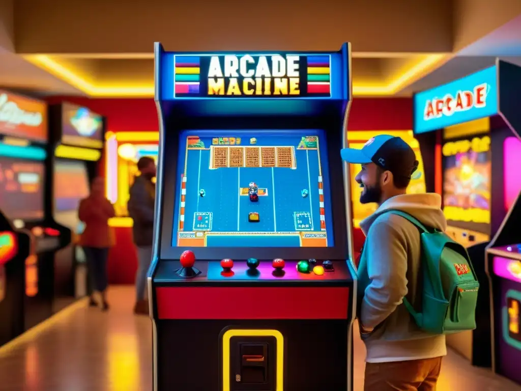 Arcade vintage con jugadores emocionados, luces parpadeantes y juego pixelado